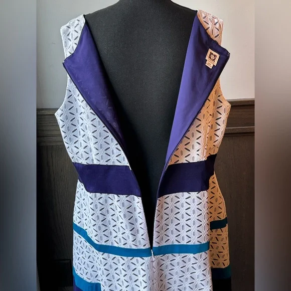 Anne Klein White Eyelet Midi Dress with Navy and Teal Bands 20W - Picture 7 of 9